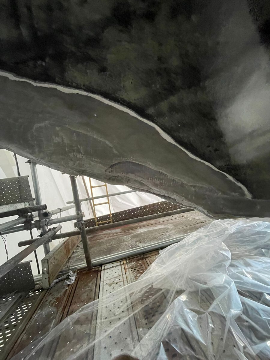 M/Y Kahala bow GRP ground back to sound laminate ready for repair