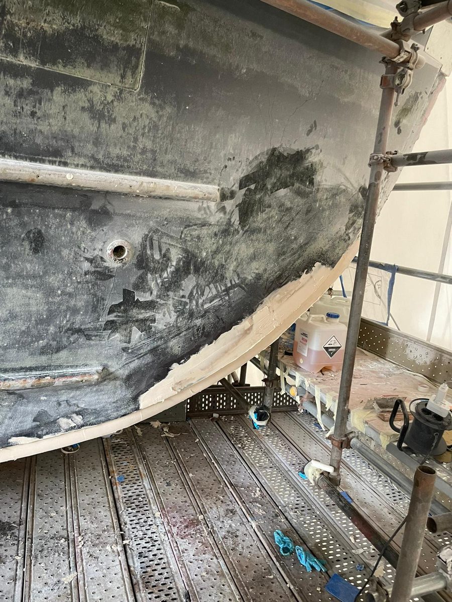 Completed structural GRP bow repair on M/Y Kahala ready for the paint system